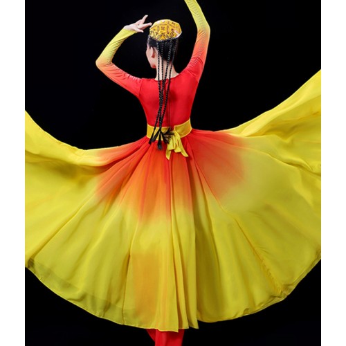 Red with gold gradient Chinese Xinjiang dance dress for women Uyghur dance costume performance Ethnic clothing Female Hui Uighur big swing skirt